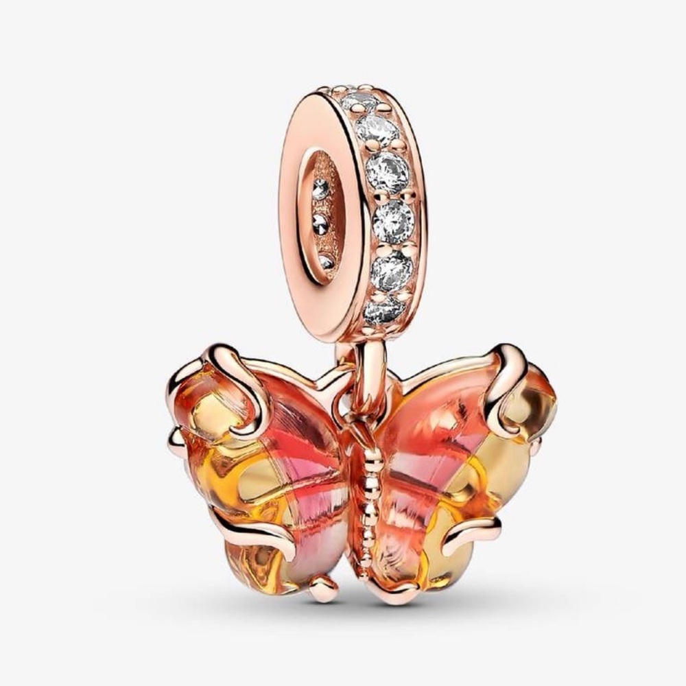 Authentic Pandora Pink & Yellow Murano Glass Butterfly Dangle Charm